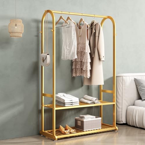 Elegant gold clothing rack with multiple shelves and side hooks for organized clothes storage.