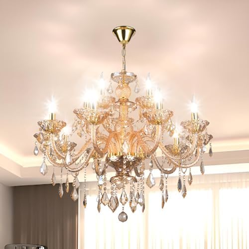 A luxurious amber K9 crystal chandelier with 15 lights illuminating a dining room with a warm glow.