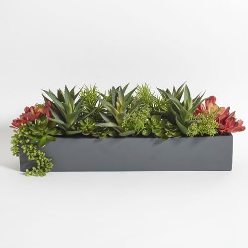Image of the CG Hunter Oblong Faux Succulent Arrangement, Premium Artificial Indoor Plant Enhances Interior Design, Display on any Surface in Your Home Adding an Inviting Touch of Nature, Grey Planter Pot Included