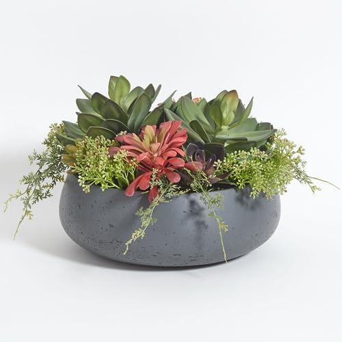 A lifelike CG Hunter faux succulent arrangement in a stylish grey pot on a light surface.