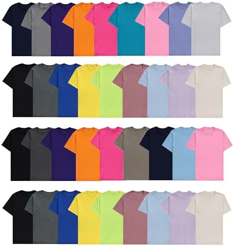 Assorted men's bulk cotton crew neck t-shirts neatly stacked.