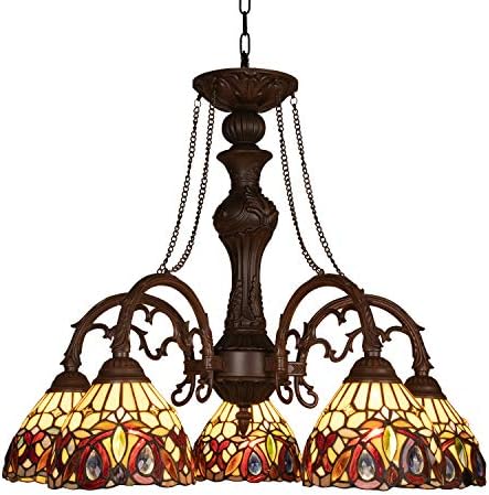 Capulina Tiffany style chandelier with five stained glass shades in cream and brown.