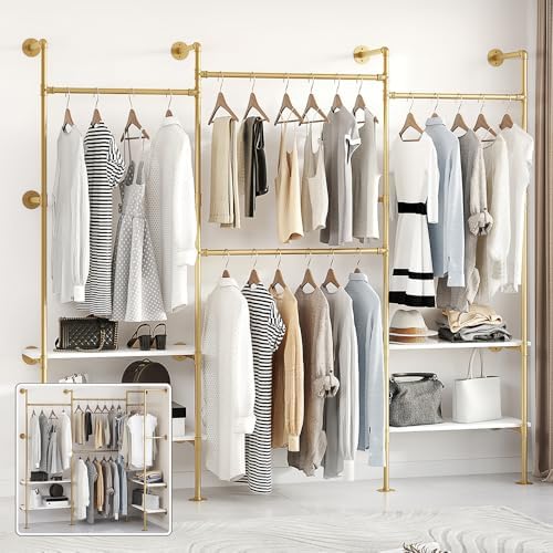 Industrial pipe clothes rack with L-shaped design in a modern gold finish.