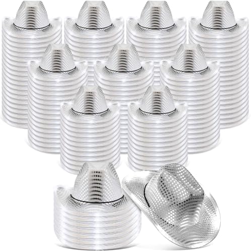 A person wearing a dazzling LED light-up cowgirl hat at a lively party.