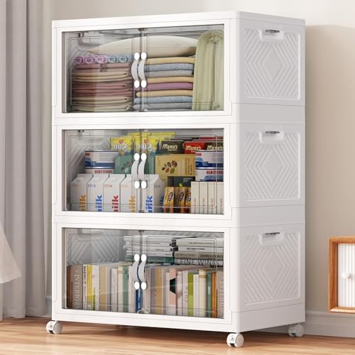 Image of the BROVIEW 300QT Extra Large Stackable Storage Bins, 75Gal Clear Plastic Closet Organizer Cabinet with Lid and Wheels, Collapsible Latch Boxes Folding Drawer with Door for Home Kitchen, V20 3Pack White