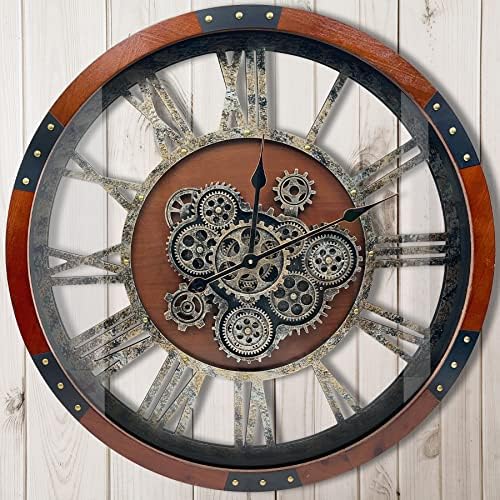 Image of the DORBOKER 36" Original Moving Gears Wall Clock, Large Industrial Wall Clock for Living Room Decor,Oversized Wood Vintage Farmhouse Steampunk Rustic Clocks for Wall Decor,Black Walnut