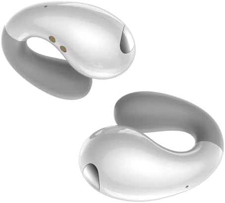 Ergonomic clip-on open-ear earbuds in a pearl white finish.