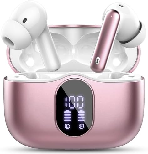 Rose gold wireless earbuds with LED display charging case on a desk.