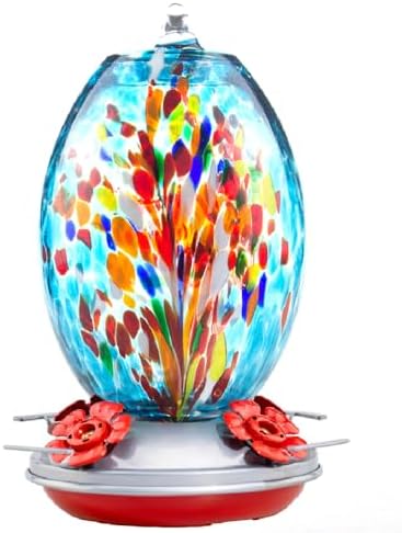 Elegant blue blown glass hummingbird feeder with a detailed "Blue Fireworks" design.